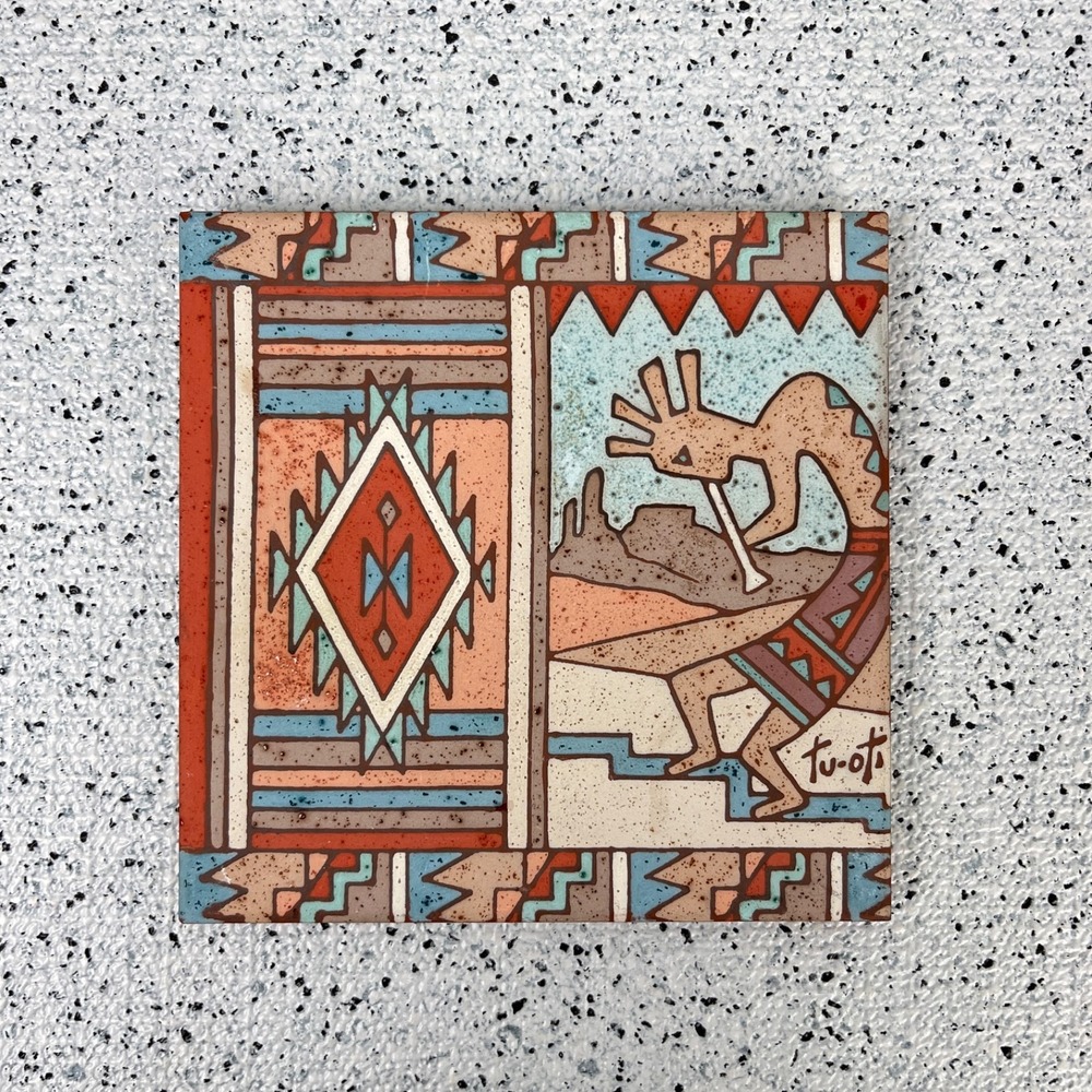 Vintage 90s Earthtones Southwestern Art Tile Kokopelli‎ Signed Tu-Oti Wall Decor